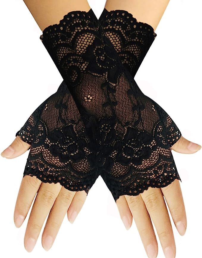 Women Short Lace Gloves Sunblock Fingerless Bridal Wrist Floral Gloves Opera Evening Party Weddin... | Amazon (US)