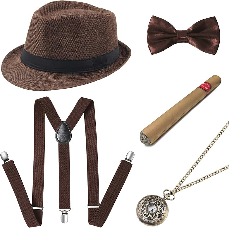 1920s Mens Gatsby Gangster Accessories Set Panama Hat Suspender Bow Tie | Amazon (US)