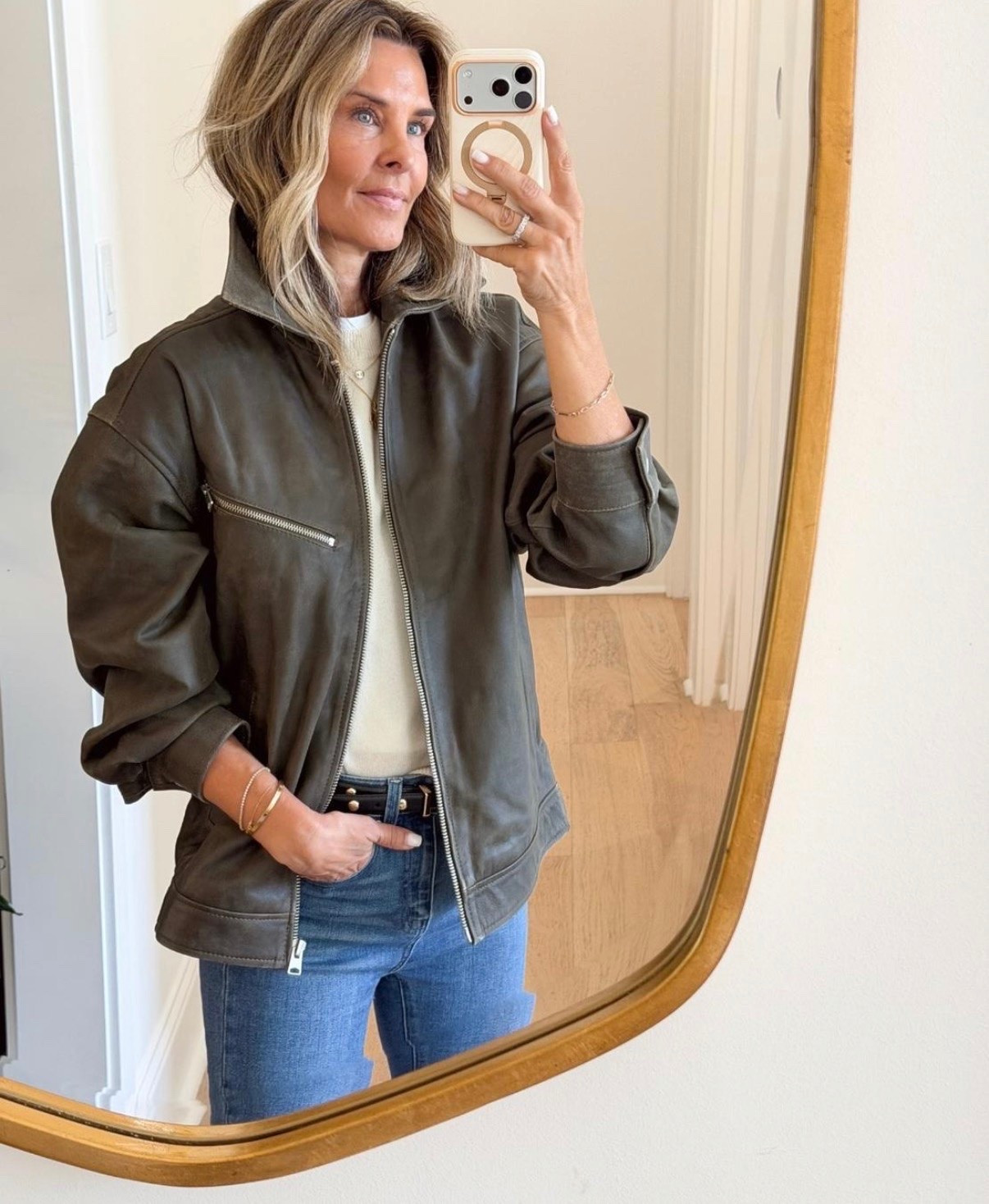 I’m 5’6
-relaxed leather jacket XS
-tan sweater XS
-stretch jean (I size up one)
-black studded belt

#LTKootd #LTKSeasonal #LTKOver40