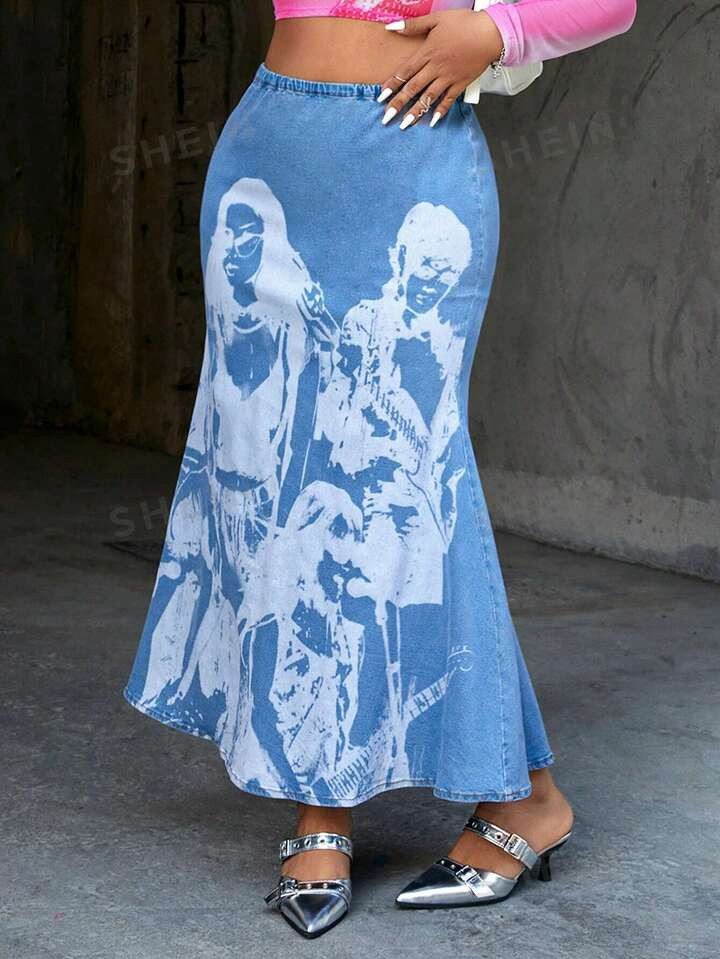 SHEIN ICON Plus Size Women's Y2k Street Style Printed Denim Long Mermaid Skirt With Butt Lifting ... | SHEIN