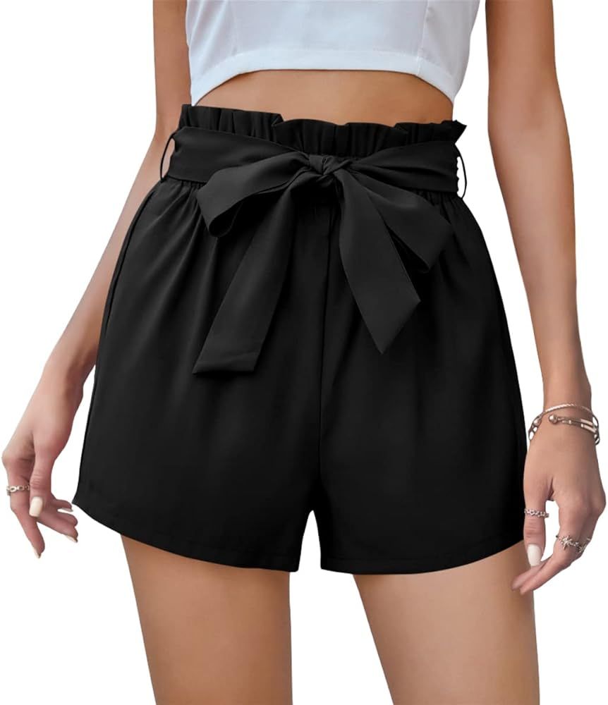 SySea Womens Paperbag Shorts Summer Casual Ruffled Belted Elastic Bowknot Tie Waist Shorts with P... | Amazon (US)