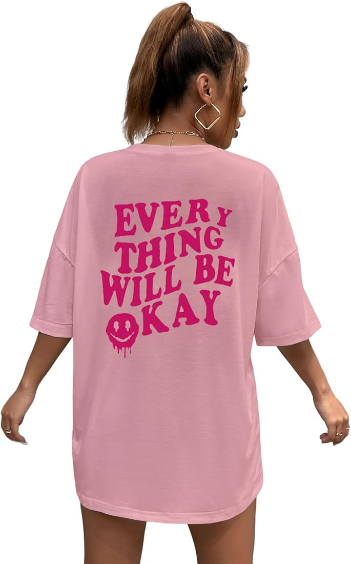 SOLY HUX Women's Oversized T Shirts Graphic Tees Letter Print Casual Summer Tops Dusty Pink S at ... | Amazon (US)