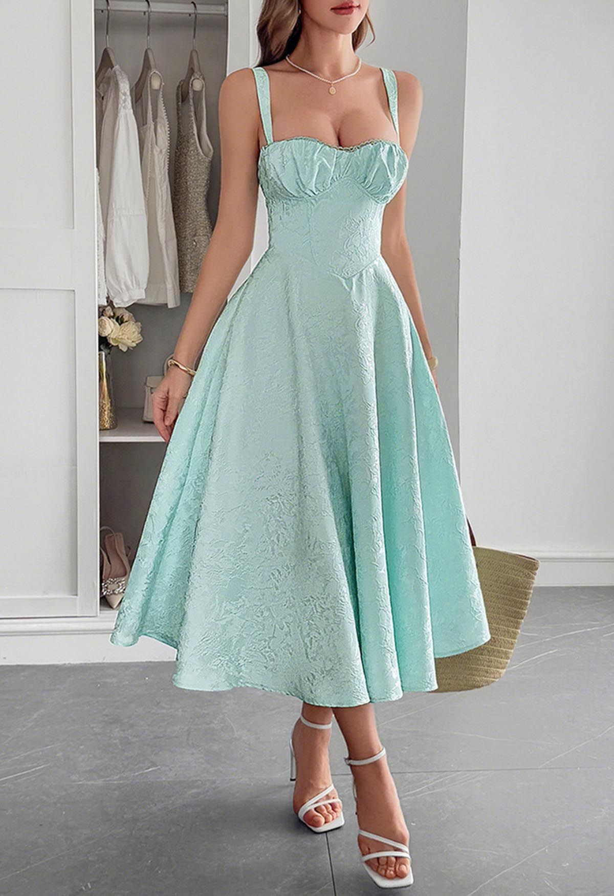 Floral Jacquard Lace-Up Back Corset Dress in Mint | Chicwish