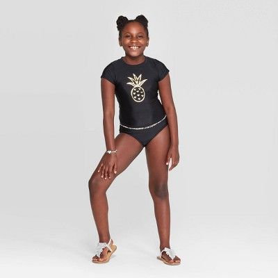 Girls' Gold Foil Pineapple Bikini Swimsuit and Rashguard Swim Shirt Set - Cat & Jack™  Black | Target