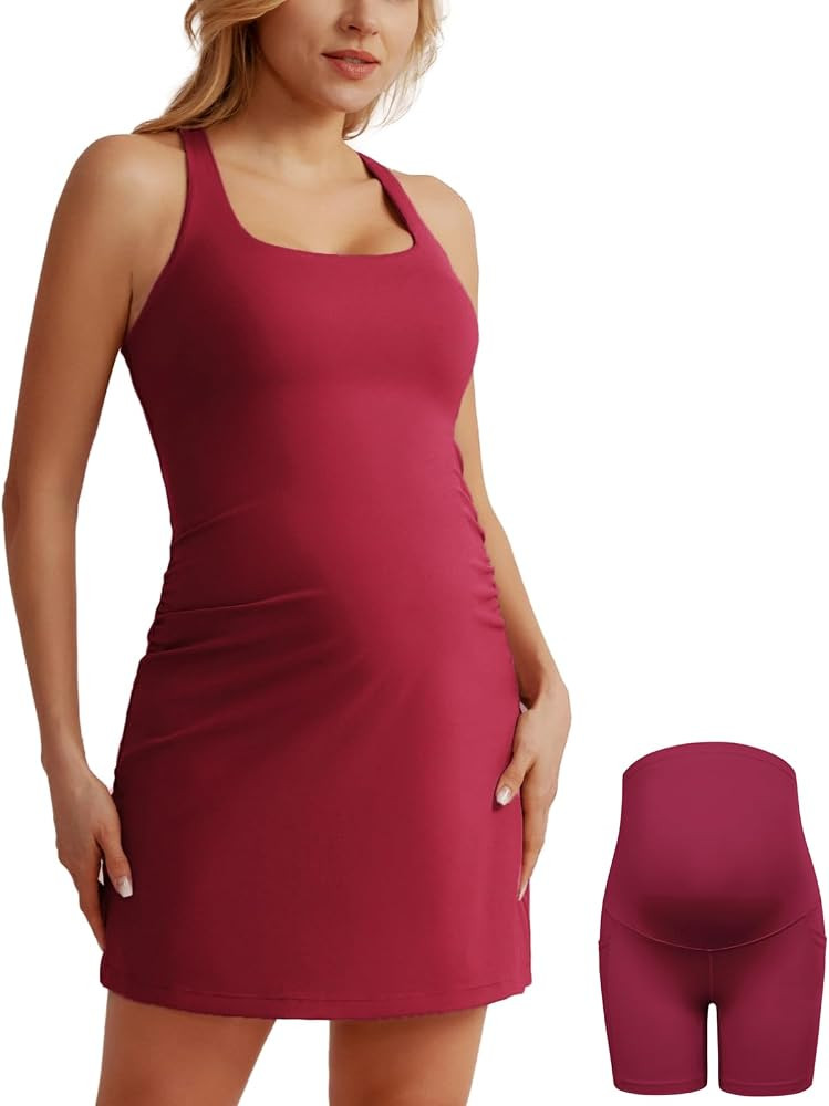 Maacie Maternity Tennis Dress with Shorts and Built in Bra Scoop Neck Sleeveless A-line Workout G... | Amazon (US)