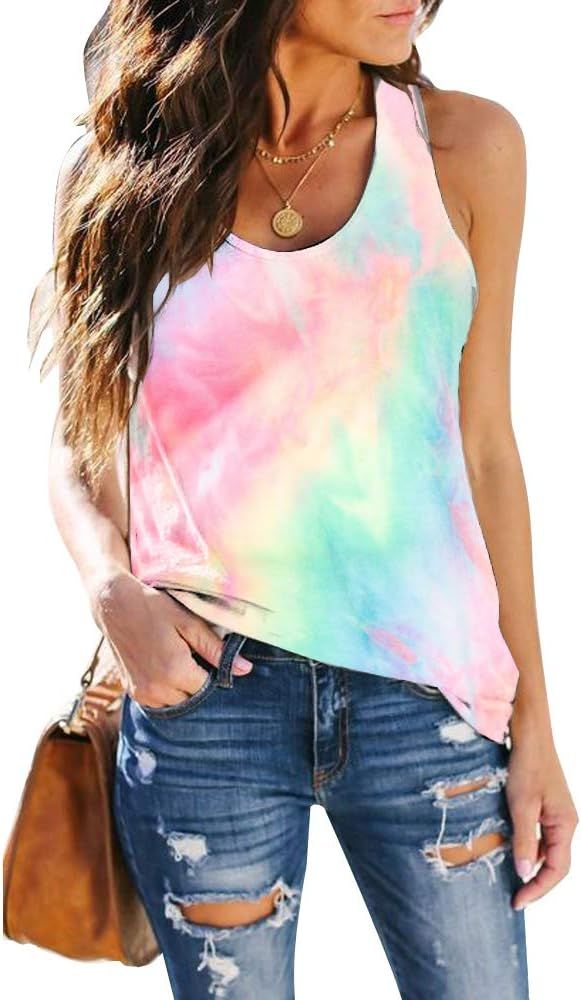 AUSUN Women's Sleeveless Workout Tank Tops Racerback Cute Printed Yoga Tops Tie Dye Loose Fit Run... | Amazon (US)