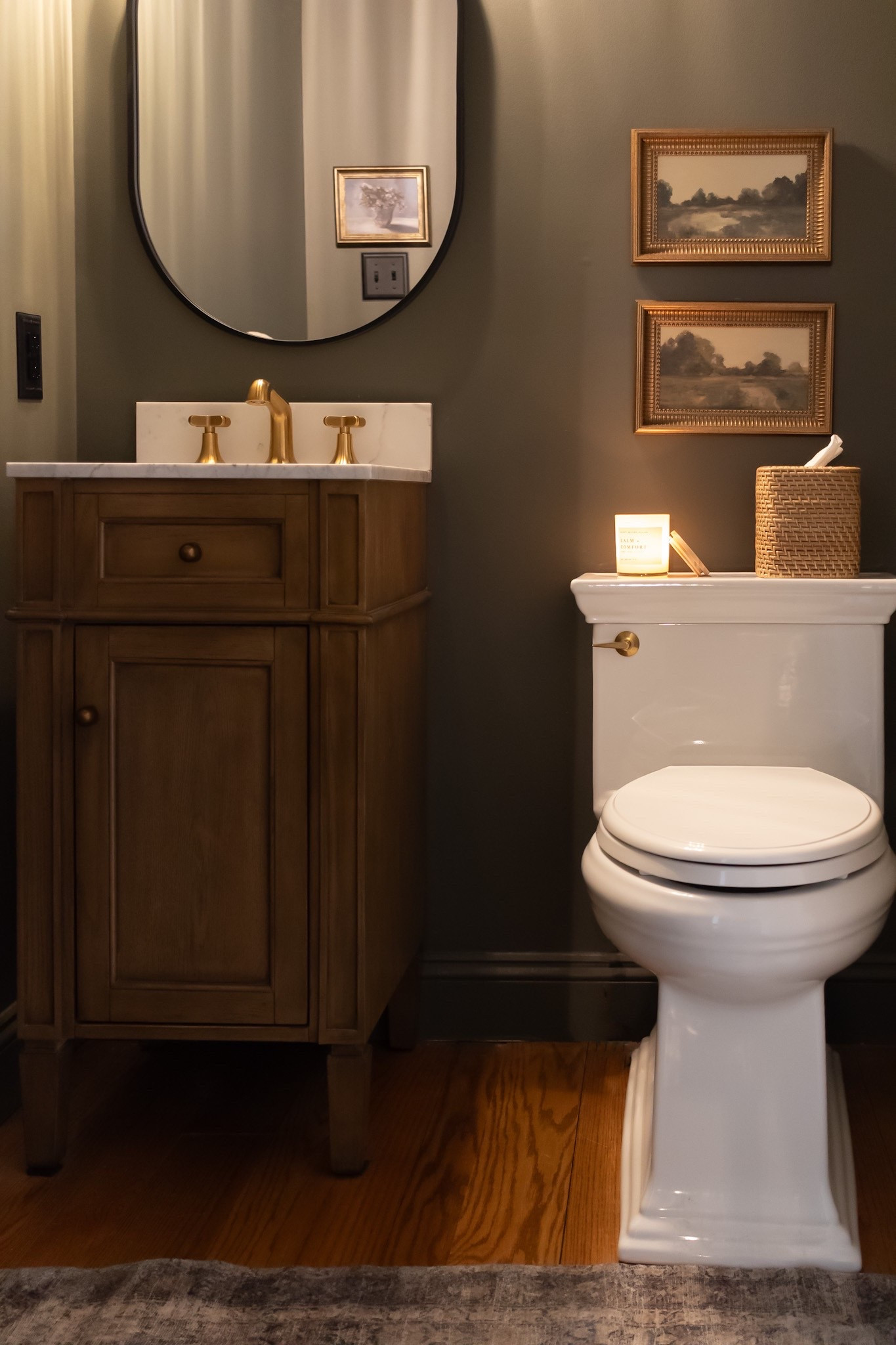 Powder room.  New home tour.  Color drench.  Vanity.  Mirror.  Art.  Prints.  Toilet.  Faucet.  Wayfair.  Target.  Studio McGee.  Kohler.  Hearth and Hand.  Loloi.

#LTKSeasonal #LTKFindsUnder100 #LTKHome