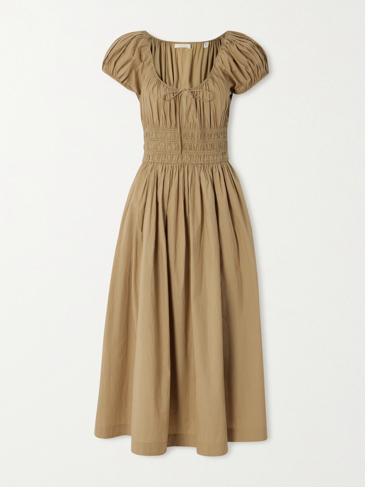 DÔEN - Quinn Tie-detailed Shirred Cotton-poplin Midi Dress - Neutrals | NET-A-PORTER (US)