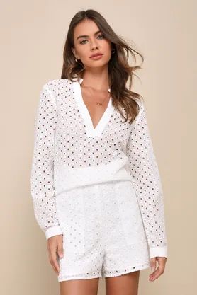 Caribbean Chic Ivory Cotton Eyelet Embroidered Long Sleeve Top | Lulus