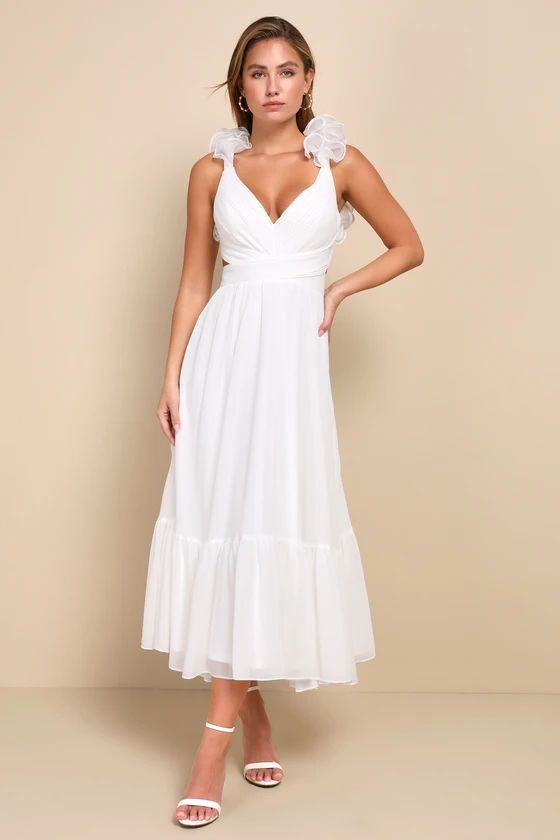 Contemporary Poise White Pleated Ruffled Lace-Up Midi Dress | Lulus