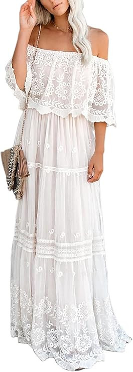 MERMAID'S CLOSET Women's Casual Off Shoulder Lace Maxi Dress Boho White Bridesmaid Wedding Evenin... | Amazon (US)