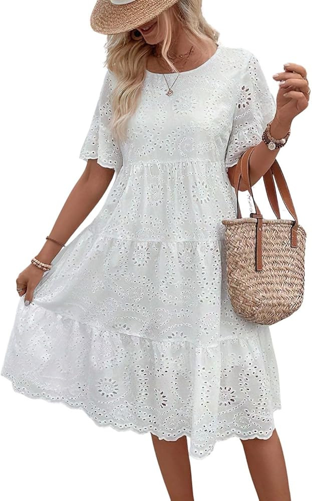 chouyatou Women's Lace Eyelet Short Sleeve Tiered Midi Long Dress Ruffle Hem Babydoll Short Dress | Amazon (US)