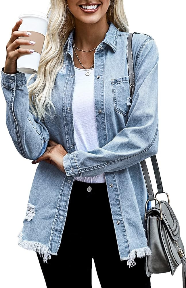 Dokotoo Women's Oversized Denim Jacket Casual Long Boyfriend Distresse Jean Jacket Autumn Spring | Amazon (US)