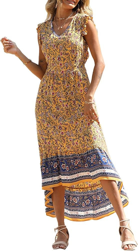 PRETTYGARDEN Women's Summer Maxi Dress Casual Floral V Neck Cap Sleeves Boho High Low Flowy Midi Lon | Amazon (US)