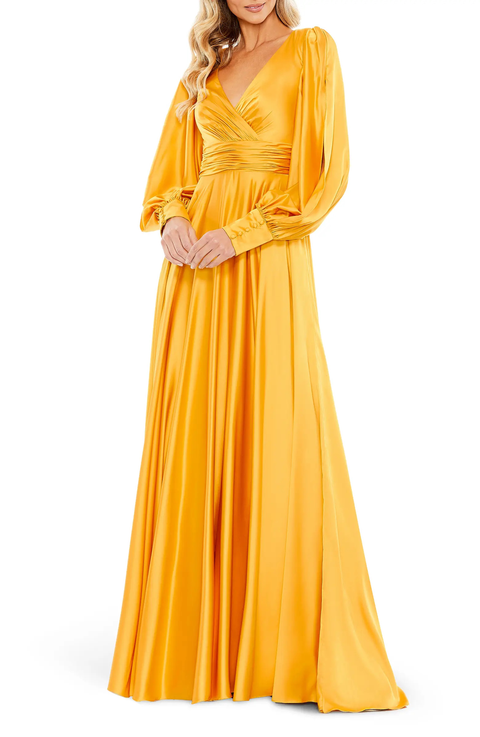 Split Long Sleeve Satin A-Line Gown | Nordstrom