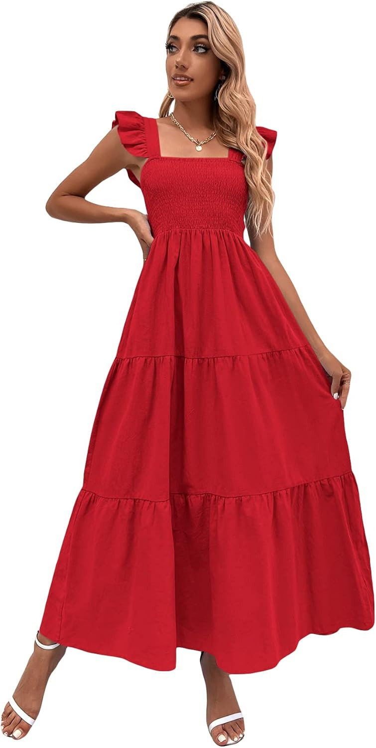 MakeMeChic Women's Summer Boho Dress Floral Print Spaghetti Strap Square Neck Shirred Maxi Dress ... | Amazon (US)