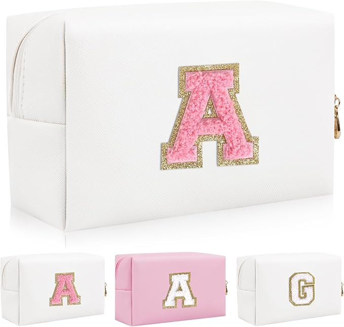 Personalized Initial Letter Patch Makeup Bag, Preppy Portable Chenille Letter Cosmetic Bag with Z... | Amazon (US)