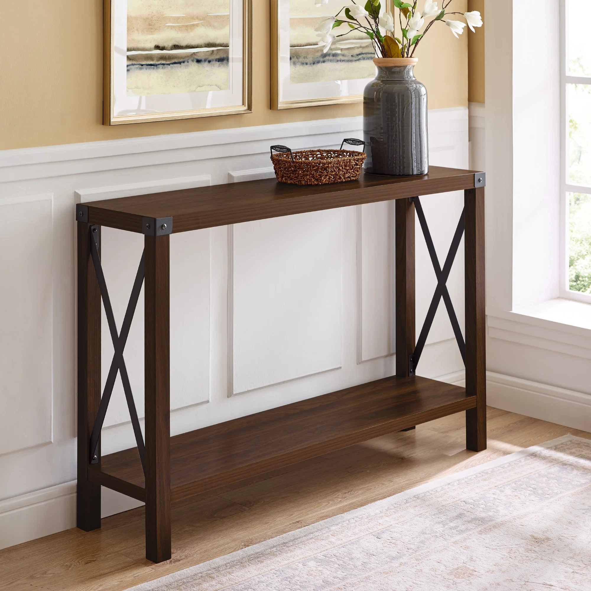 Woven Paths Magnolia Metal X Console Table, Dark Walnut | Walmart (US)
