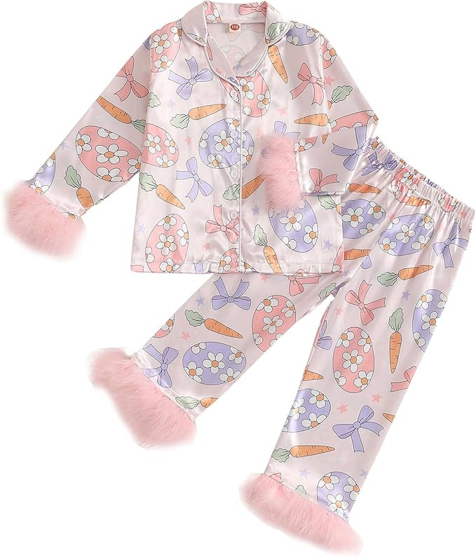 Kids Toddler Girl Easter Pajamas Bunny&Bow Button Down Fuzzy Shirts Pants Little Girls Easter Sat... | Amazon (US)