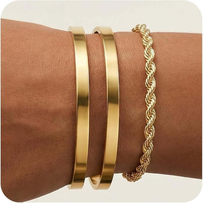 Gold Bangle Bracelets for Women, Non Tarnish Dainty 14K Gold Plated Cuff Bracelets Stackable for ... | Amazon (US)