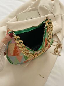 Geometric Pattern Chain Hobo Bag | SHEIN