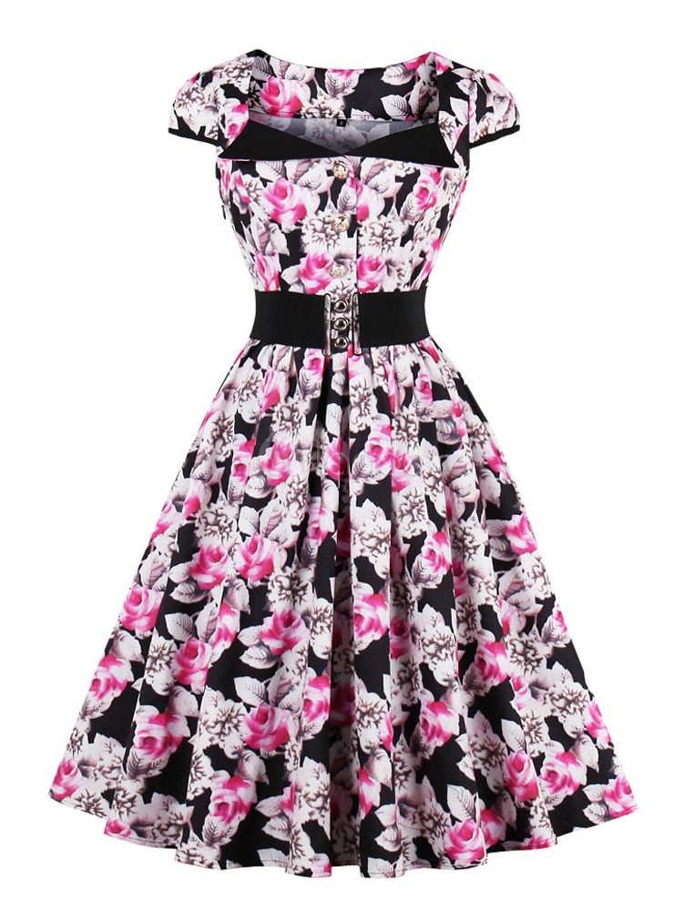 Women Vintage Dress 1950s Cap Sleeve Sash Retro Floral Dress | Milanoo