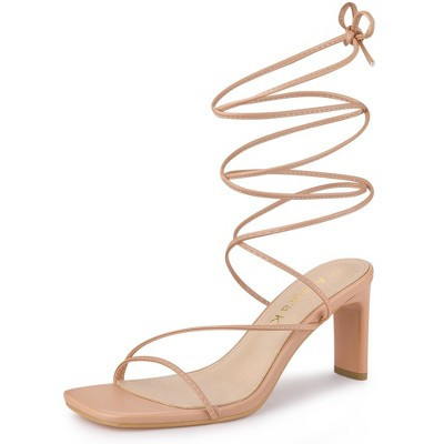 Allegra K Women's Open Square Toe Lace Up Strappy Block High Heel Sandals Nude 10 | Target