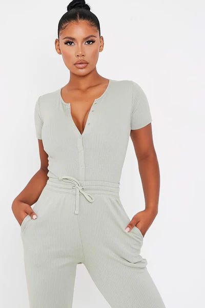 Sage Cotton Thick Rib Popper Front Short Sleeve Bodysuit | ISAWITFIRST UK