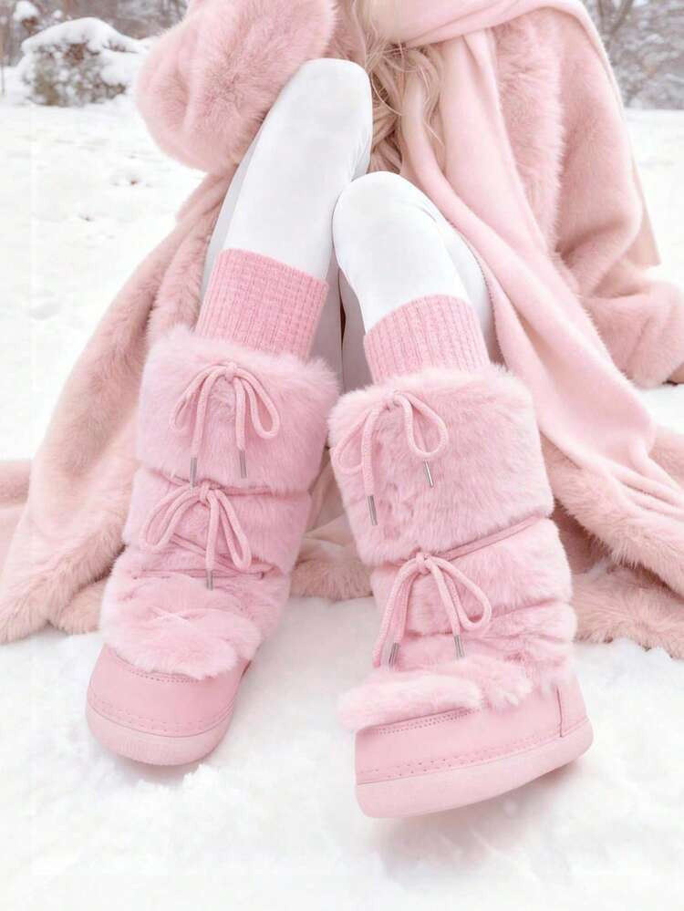 Knee High Boots For Women,Fuzzy Flat Round Toe Rhinestone Lace-Up Slip On Warm Shoes Winter Outdoor Party Chirstmas And Halloween Snow Boots | SHEIN
