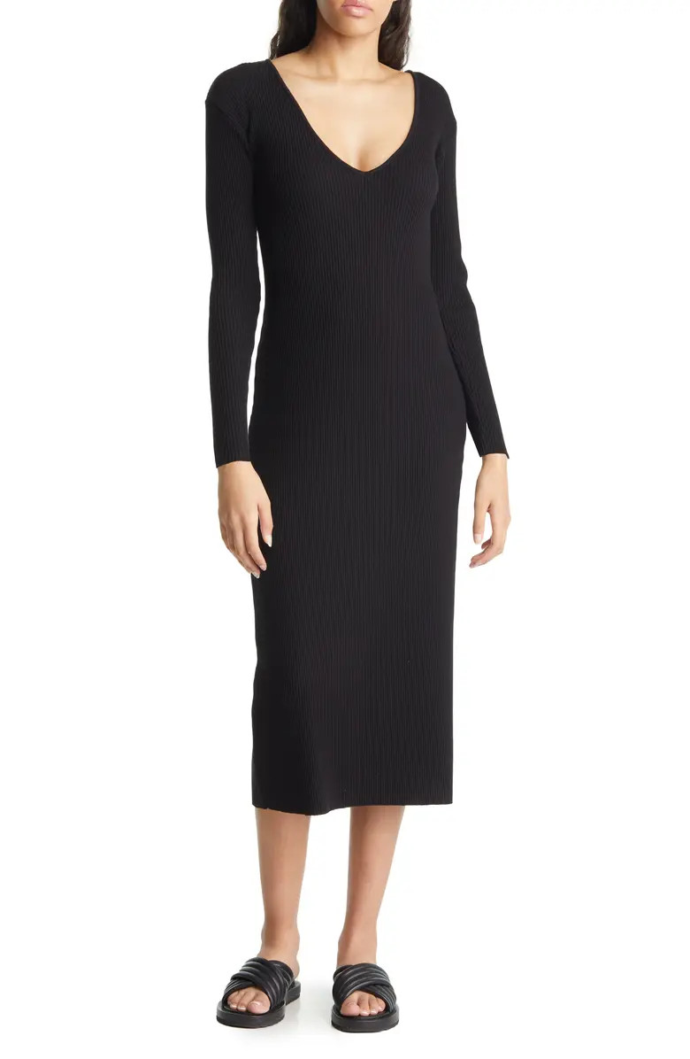 Vince Plunge Neck Long Sleeve Ribbed Dress | Nordstrom | Nordstrom