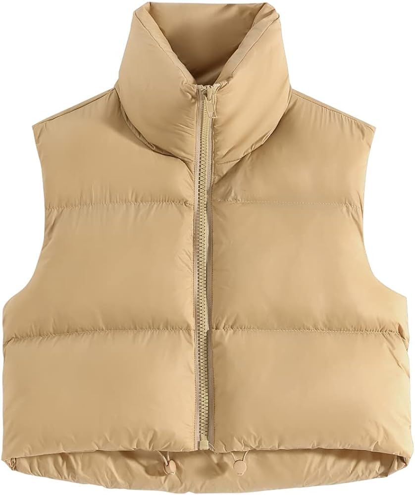 Fuinloth Women's Padded Vest, High Stand Collar Lightweight Zip Crop Puffy Gilet Khaki XS at Amaz... | Amazon (US)
