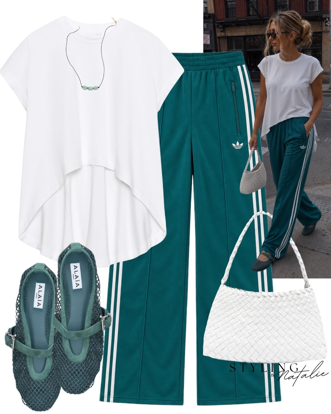 Teal Adidas firebird track pants, white crop asymmetrical hem t-shirt, white woven tote bag and teal Alaia ballet flats.
Casual chic, everyday style, summer, transitional look, elevated casual outfit. Adidas originals, @adidas @ASOS

#LTKsummer #LTKautumn #LTKuk