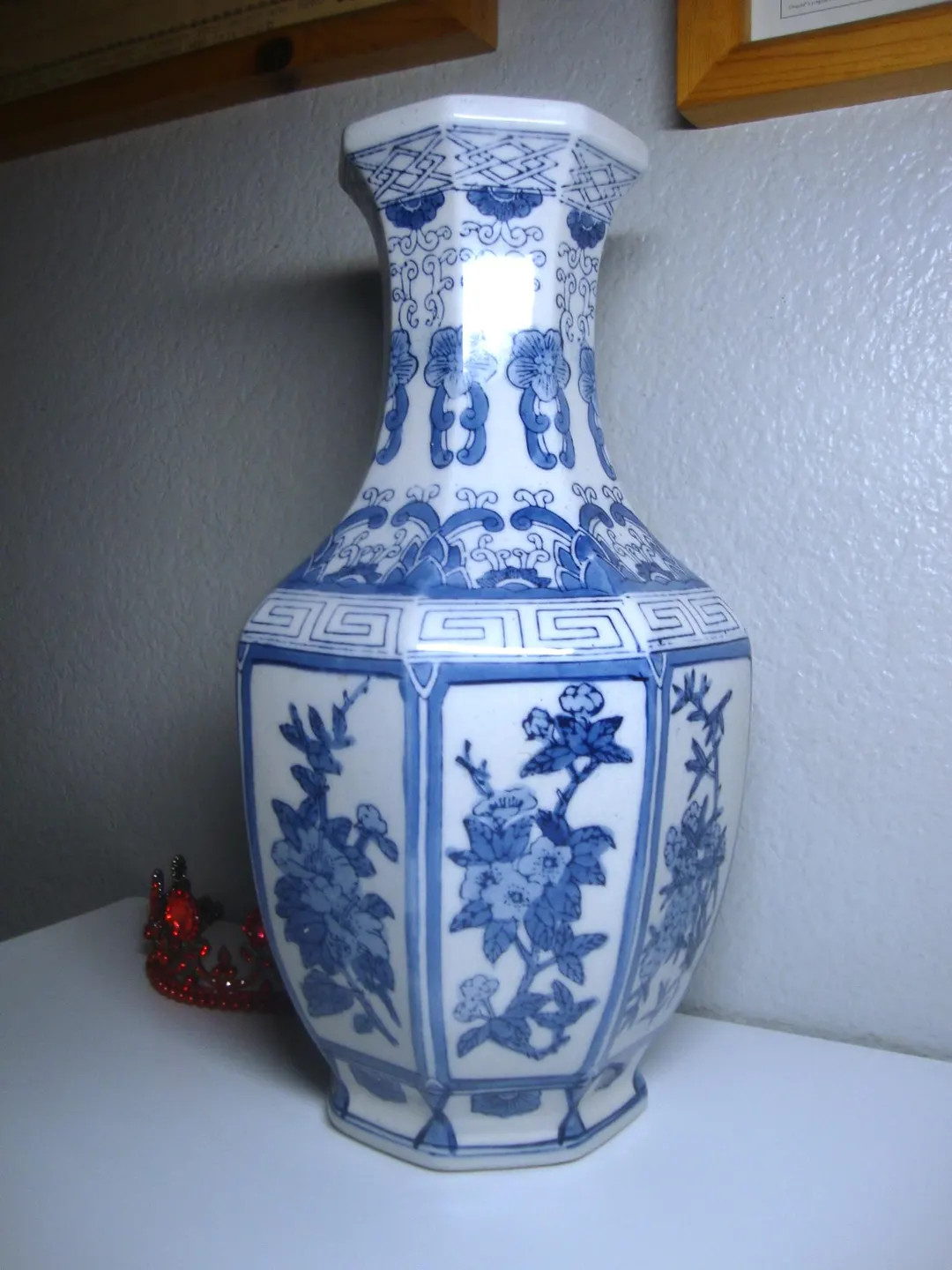 Vintage 14" OCTAGON ORIENTAL VASE - Porcelain Blue & White Oriental Floral Motif Octagon Vase - L... | Etsy (US)