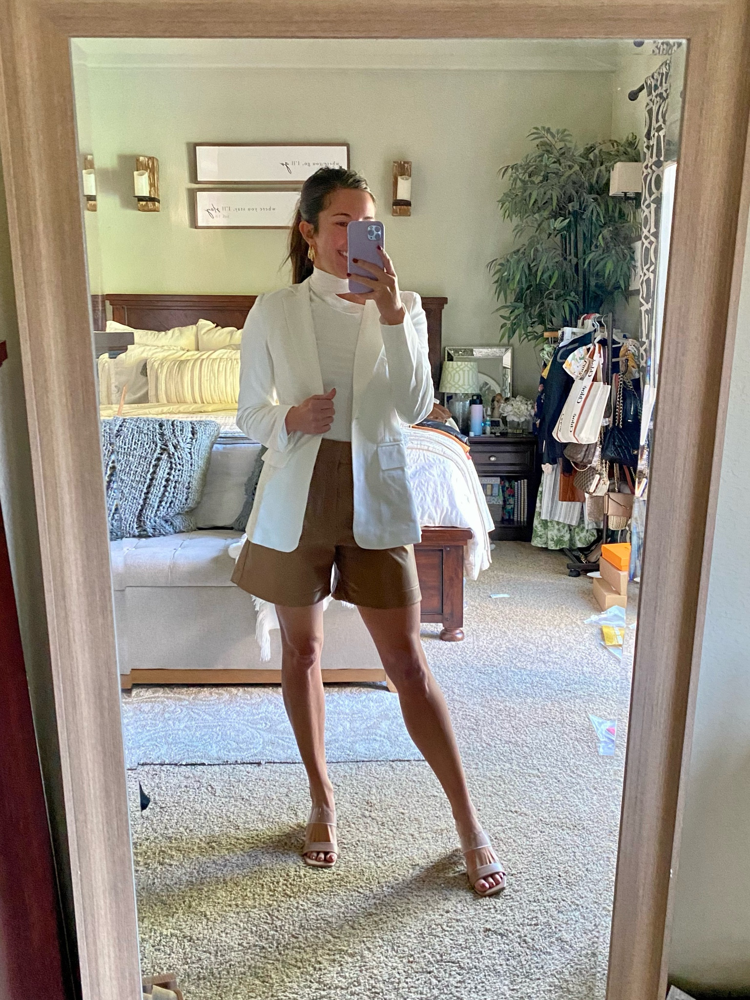 White blazer, asymmetrical top, leather shorts, nude heels, gold hoops

#LTKsalealert #LTKworkwear #LTKstyletip