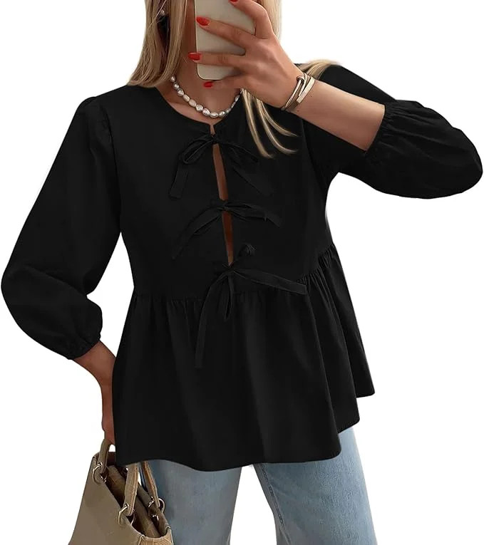 PRETTYGARDEN Women's Babydoll Peplum Blouse Shirt Puff Long Sleeve Bow Tie Front Trendy Cute Y2K ... | Walmart (US)