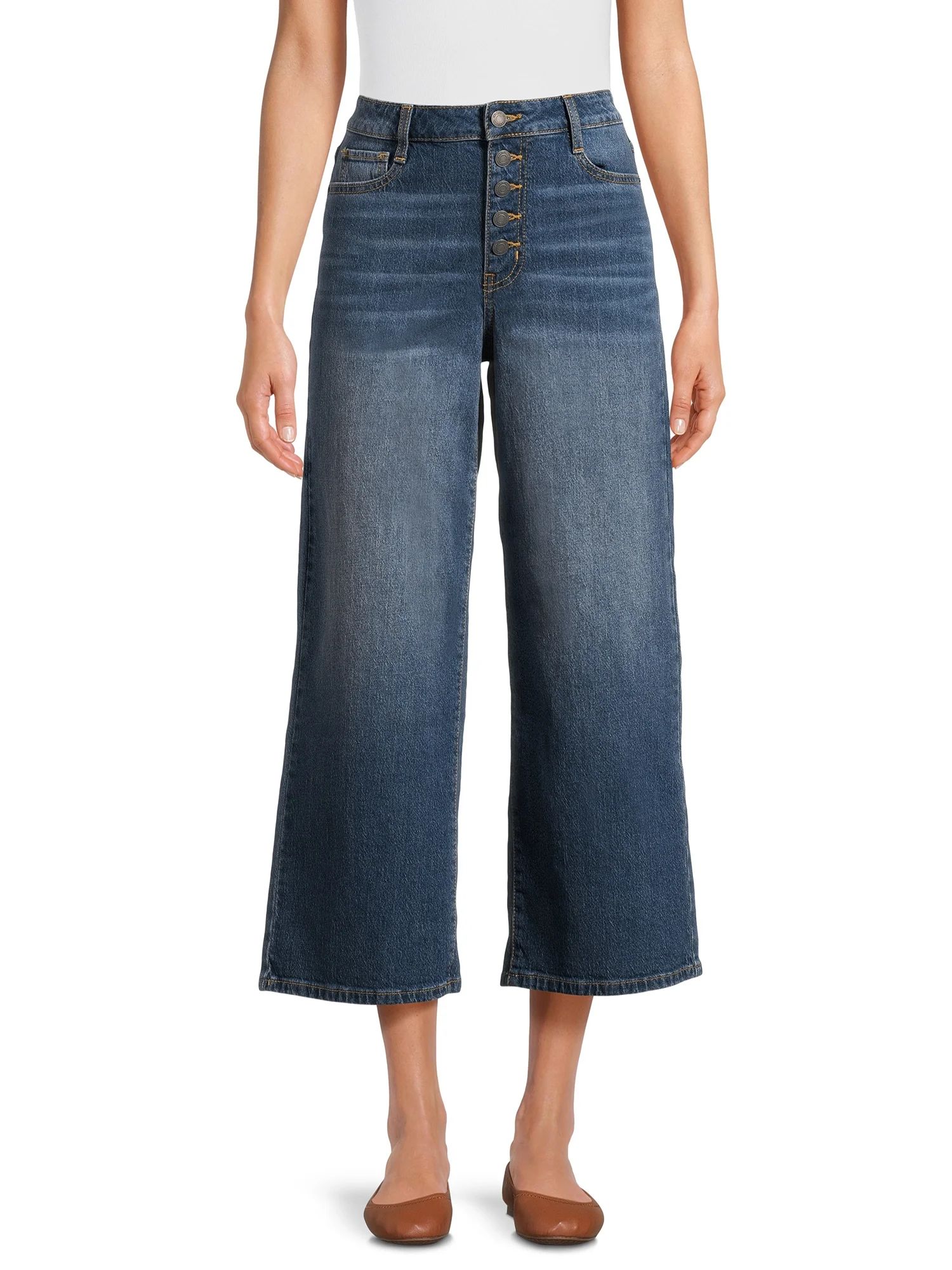 Time and Tru Women's High Rise Wide Leg Cropped Jeans, 26" Inseam, Sizes 2-20 - Walmart.com | Walmart (US)