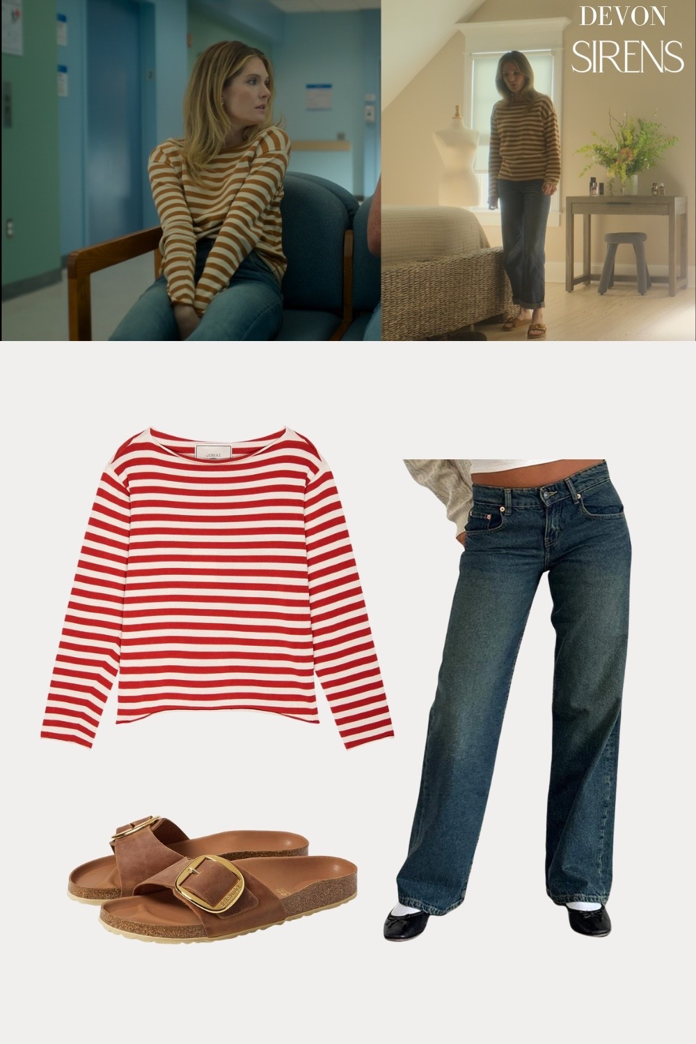 Netflix Sirens: Devon wearing striped top, jeans and sandals

#LTKStyleTip