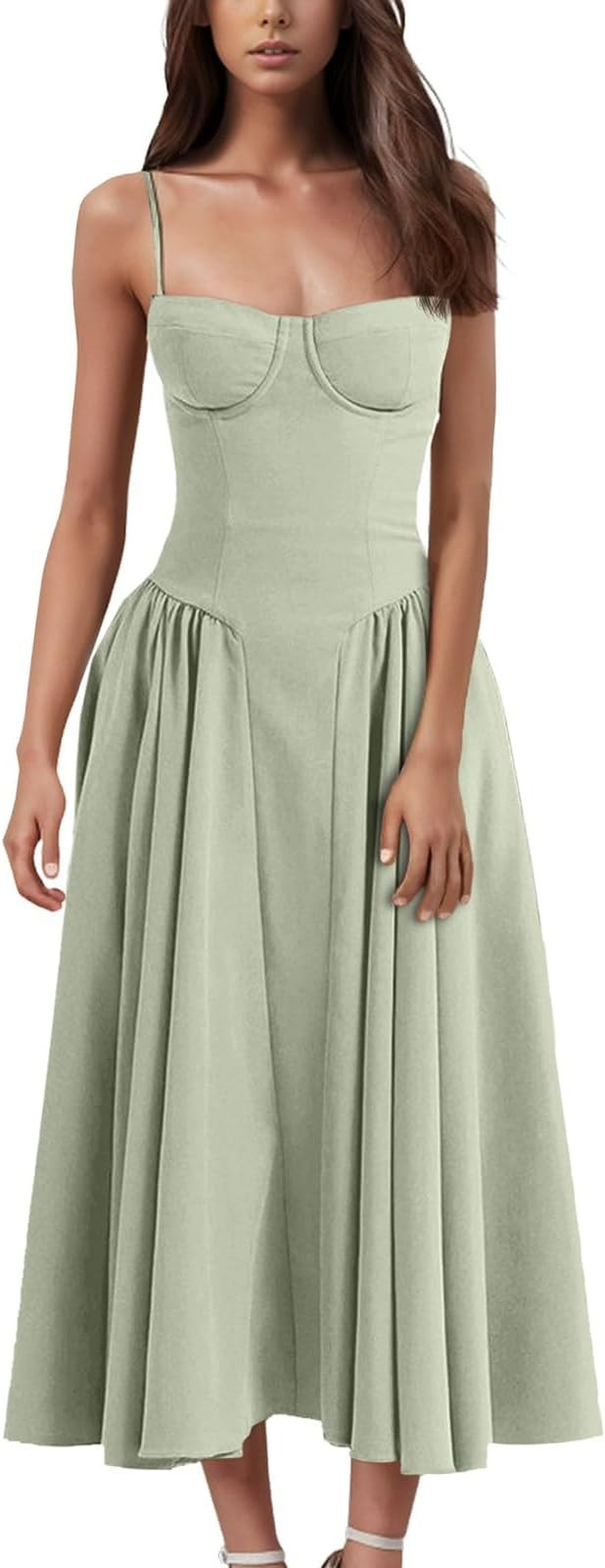 Midi Corset Dress for Women 2025 Fall Elegant Tulle Vintage Party Dress Flowy Pleated Hem Low Cut... | Amazon (US)