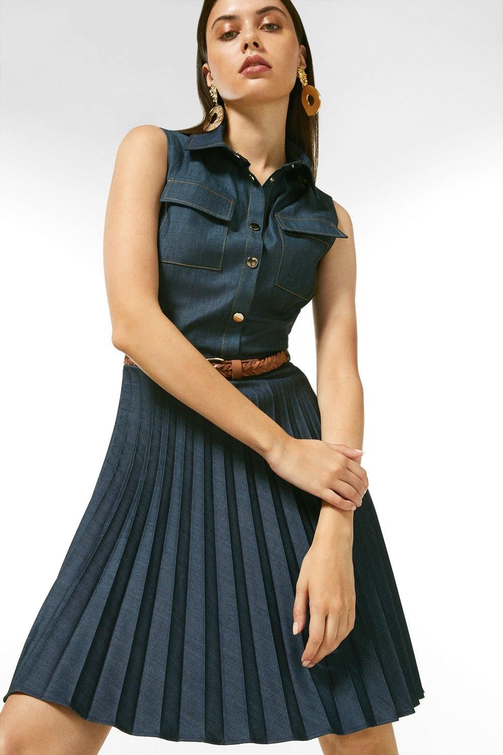 Tailored Denim Pleated Sleeveless Shirt Dress | Karen Millen UK & IE