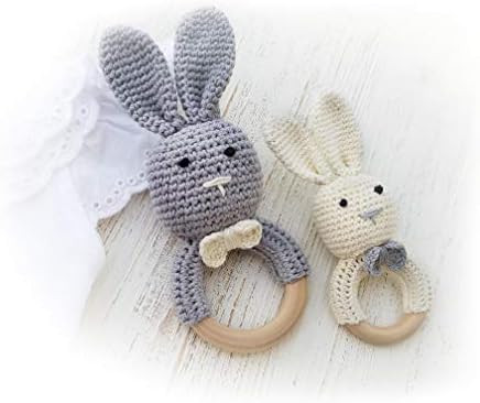 Natural Wooden Baby Toys Cotton Crochet Bunny Teething Ring Teether Rattle Set of 2 Newborn Unisex B | Amazon (US)