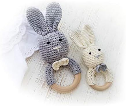 Natural Wooden Baby Toys Cotton Crochet Bunny Teething Ring Teether Rattle Set of 2 Newborn Unisex B | Amazon (US)