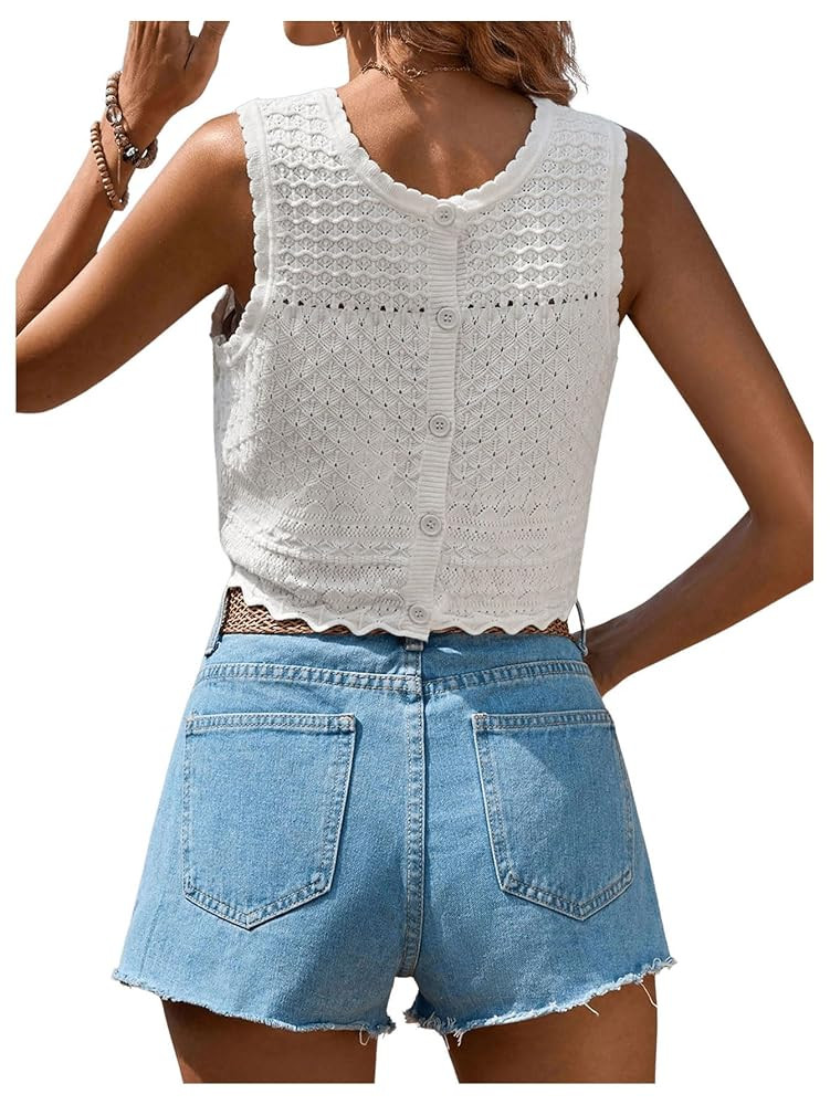 GORGLITTER Women's Crochet Tank Tops Sleveless Crew Neck Knit Lightweight Sweater Vest Button Bac... | Amazon (US)