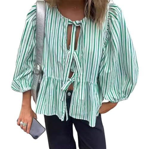 Tie Front Tops for Women Babydoll Tops Cheetah Print Top Tie Front Blouse Puff Sleeve Tie Top (Green Stripe, S) | Amazon (US)