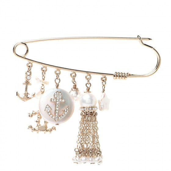 CHANEL Pearl Crystal CC Charms Safety Pin Brooch Gold | Fashionphile
