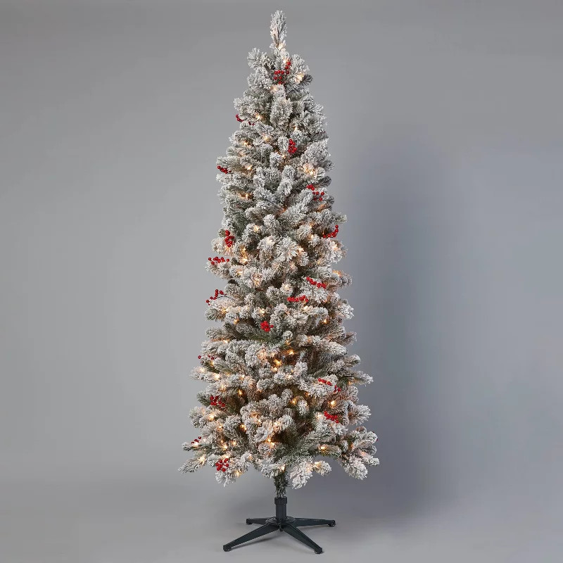 7' Pre-Lit Slim Flocked Virginia Pine Hinged Artificial Christmas Tree with Red Berries Clear... | Target