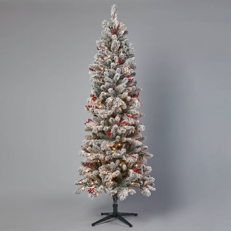 7&#39; Pre-Lit Slim Flocked Virginia Pine Hinged Artificial Christmas Tree with Red Berries Clear... | Target