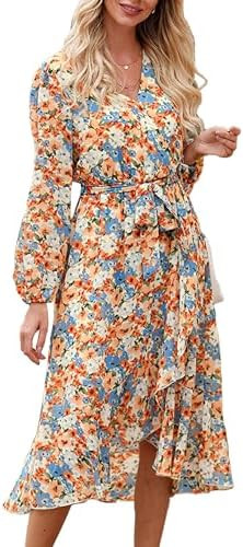 PRETTYGARDEN Women's Floral Boho Dress Fall Long Sleeve Wrap V Neck Ruffle Flowy Maxi Spring Wedd... | Amazon (US)