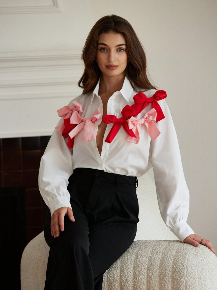 Aveloria Rosie Blusa De Manga Larga Con Decoración De Moño 3D De Estilo Romántico Y Dulce De Dos Tonos Para Niñas Y Mujeres, Ropa Para Fiesta De Vacaciones, Camisa Con Botones Linda Y Divertida Para Mujeres | SHEIN