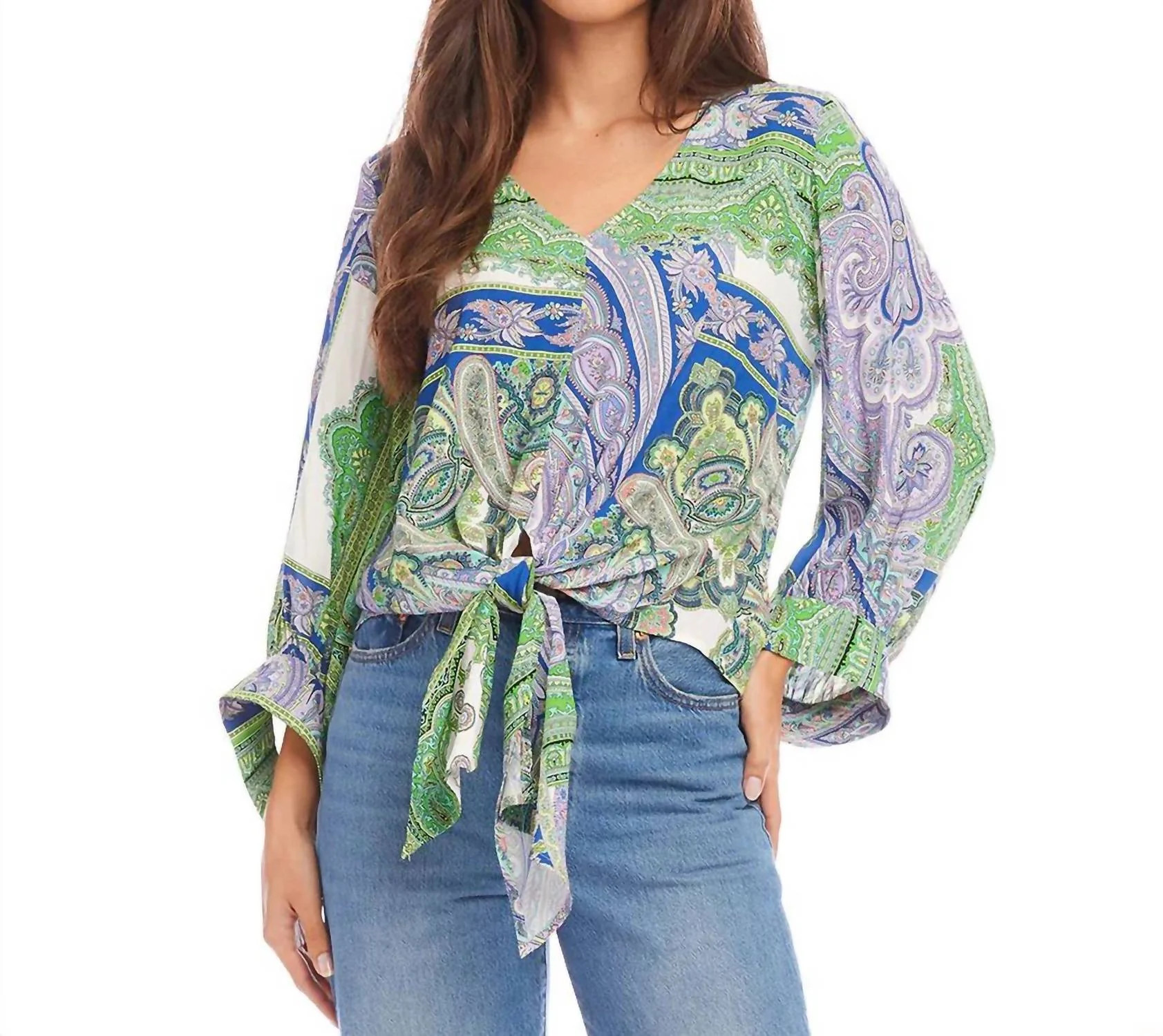 Pella Paisley Blouson Sleeve Tie Front Top In Green Multi | Shop Simon