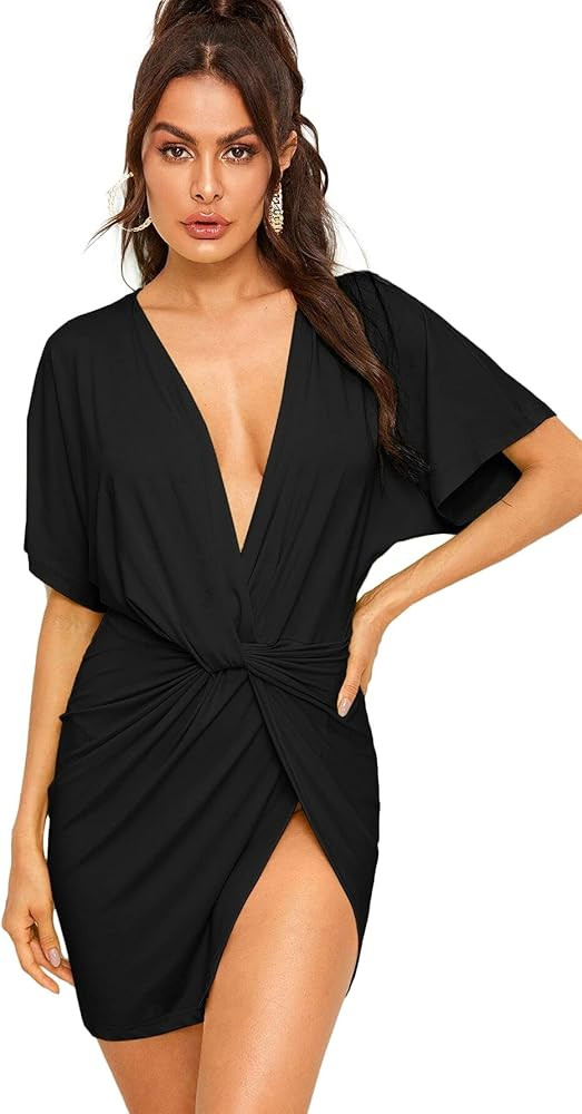 Floerns Women's Deep V Neck Twisted Plunging High Slit Mini Party Dress | Amazon (US)